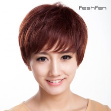 FESHFEN時尚女短發(fā)卷發(fā)蓬松逼真自然 真人發(fā)發(fā)套中老年人女士假發(fā)