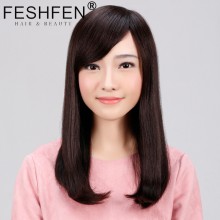 FESHFEN真發(fā)假發(fā)中長發(fā)梨花頭真人發(fā)絲時(shí)尚女士逼真機(jī)制手織頭套